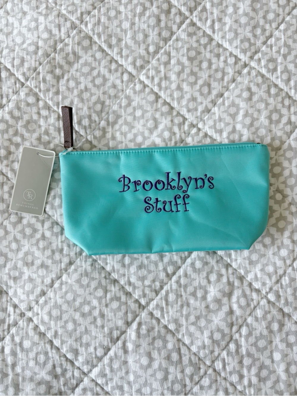 NWT Things Remembered Embroidered Teal Makeup Pouch